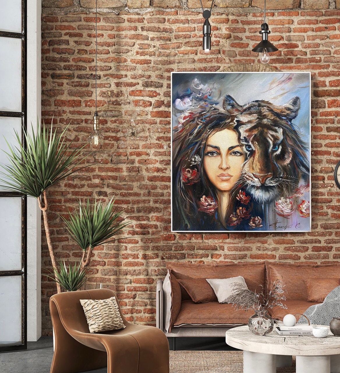 Girl with Tiger Oil Painting Original Wild Animal Face Painting on Canvas Tiger Girl Wall Art Woman and Tiger Painting Tiger Lover Gifts