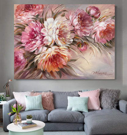 Pink Peonies Original Painting, Large Blooming Flowers Wall Art, Peony Painting Oil on Canvas, Pink Abstract Floral Art, Peonies Wall Art