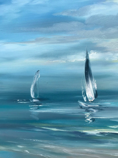 Large Seascape Canvas Paintings Sailing Boat Handmade Oil Painting Sea View Paintings Sailboats Ocean Wall Art Peaceful Water Scene Painting