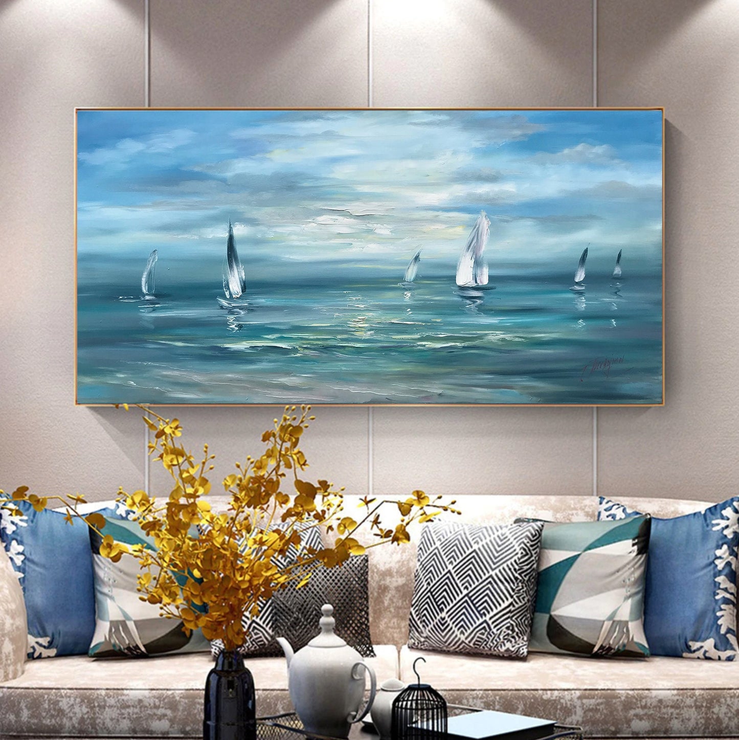 Large Seascape Canvas Paintings Sailing Boat Handmade Oil Painting Sea View Paintings Sailboats Ocean Wall Art Peaceful Water Scene Painting