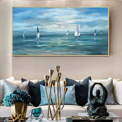 Large Seascape Canvas Paintings Sailing Boat Handmade Oil Painting Sea View Paintings Sailboats Ocean Wall Art Peaceful Water Scene Painting