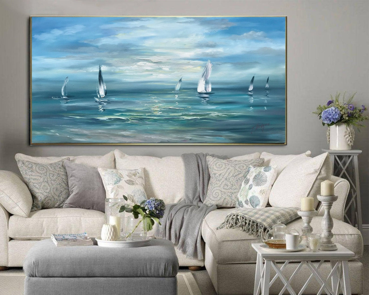 Large Seascape Canvas Paintings Sailing Boat Handmade Oil Painting Sea View Paintings Sailboats Ocean Wall Art Peaceful Water Scene Painting