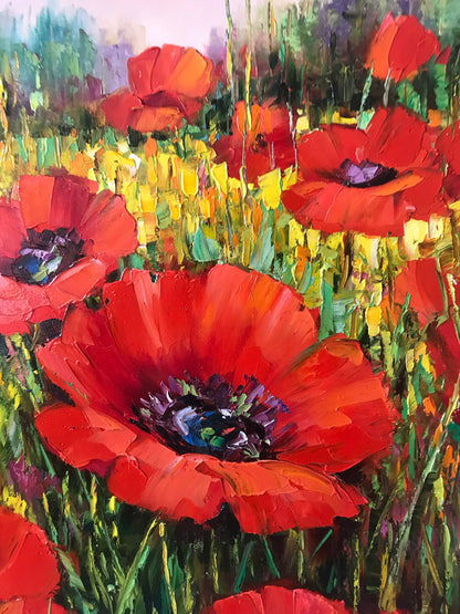 Red Poppies Painting Handpainted Wildflowers Field Wall Art Red Flower Painting on Canvas Poppy Filed Painting Original Floral Oil Artwork