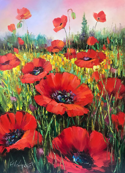 Red Poppies Painting Handpainted Wildflowers Field Wall Art Red Flower Painting on Canvas Poppy Filed Painting Original Floral Oil Artwork