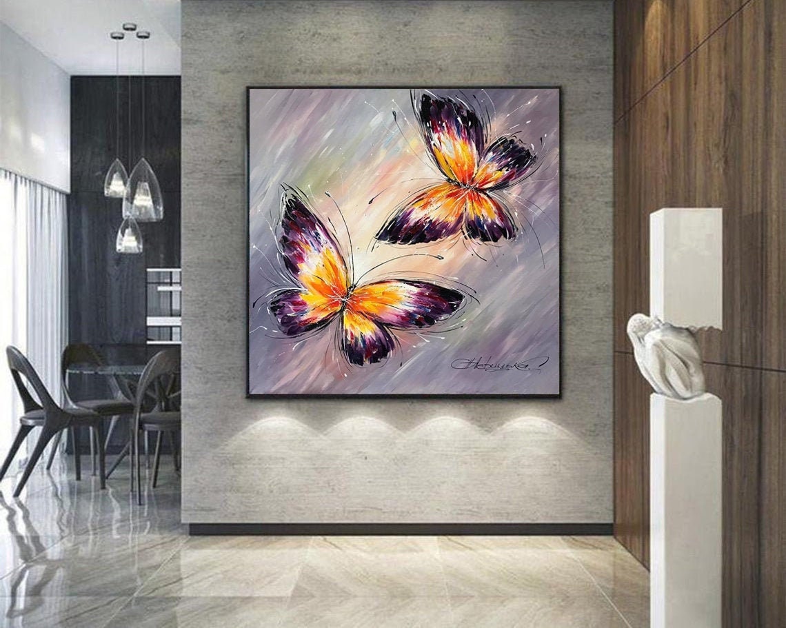 Abstract Butterfly Painting on Canvas Original Butterfly Wall Art Purple Butterfly Art Large Artwork Framed Butterfly Oil Painting