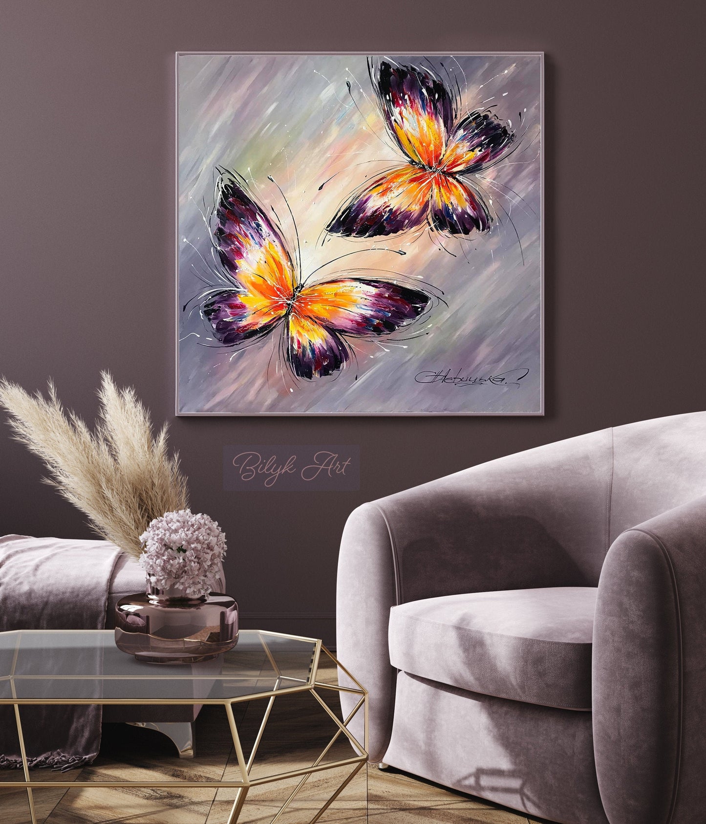 Abstract Butterfly Painting on Canvas Original Butterfly Wall Art Purple Butterfly Art Large Artwork Framed Butterfly Oil Painting