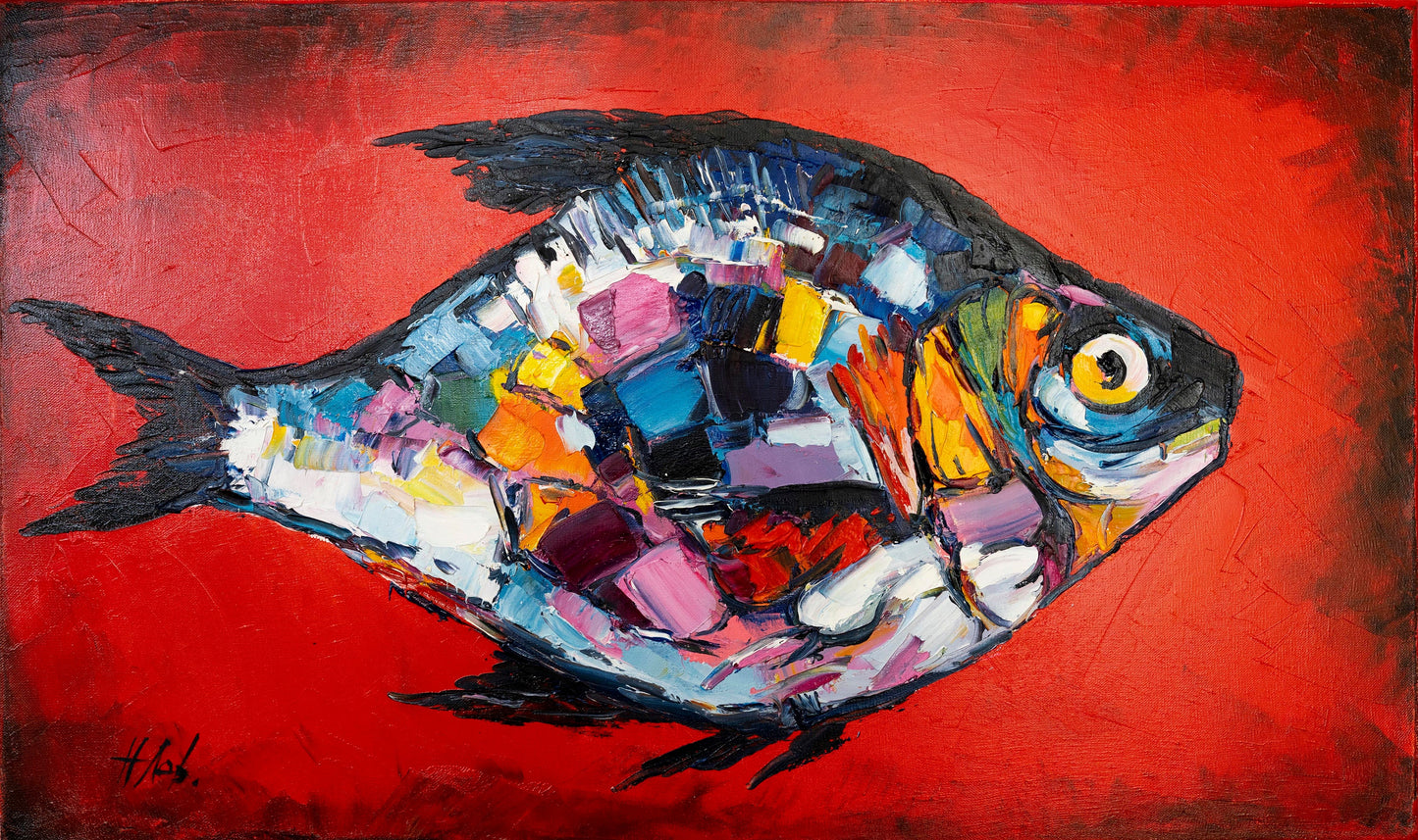 Large Abstract Fish Oil Painting Original Red Fish Wall Art Work Abstract Tropical Fish Wall Decor Fisherman Gift Extra Large Fish Painting