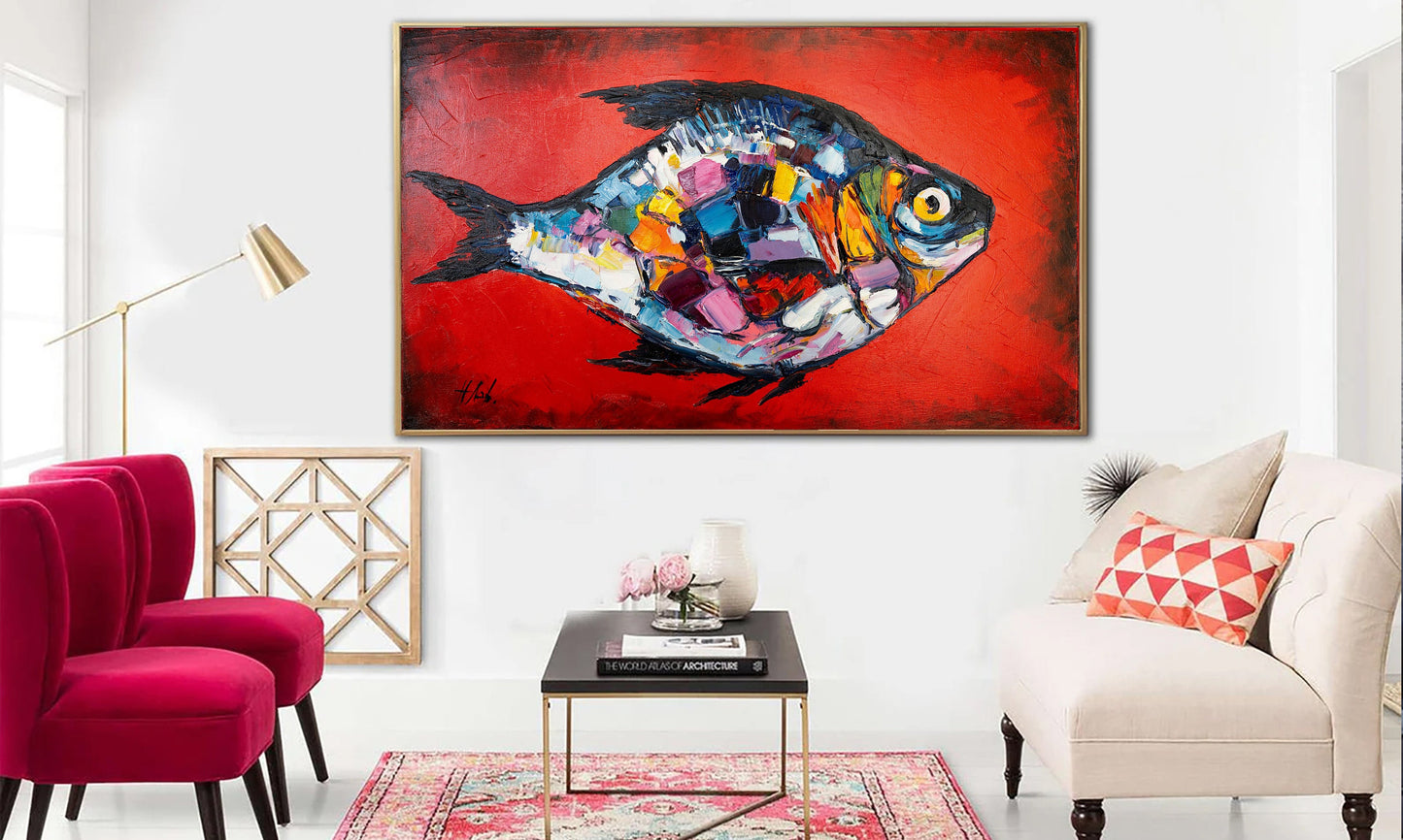 Large Abstract Fish Oil Painting Original Red Fish Wall Art Work Abstract Tropical Fish Wall Decor Fisherman Gift Extra Large Fish Painting