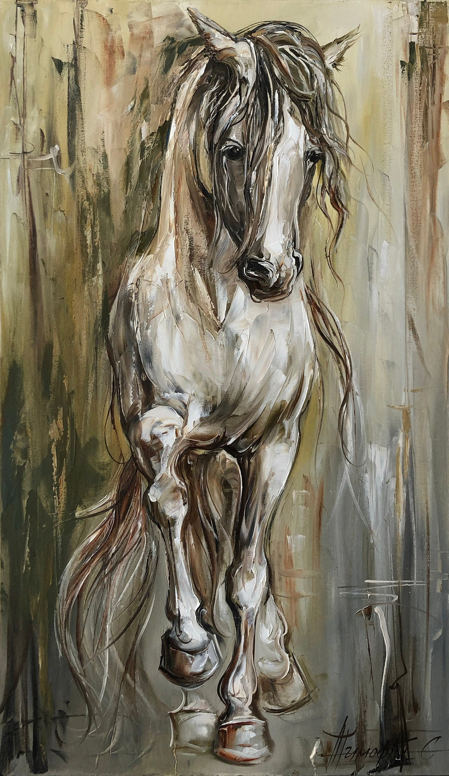 Arabian Horse Oil Painting on Canvas Farmhouse Wall Art Animal Oil Painting Gift for Horse Lover Abstract Running Horse Painting 30x60