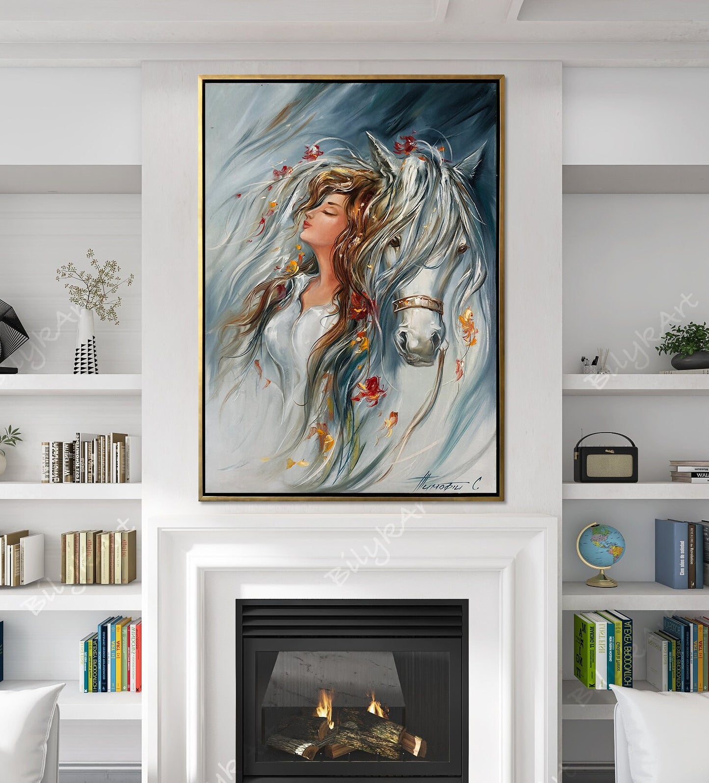 Girl and Horse Painting, Wild Horse Wall Art, Animal Painting on Canvas, White Horse Art, Women Gift, Original Woman with Horse Oil Painting