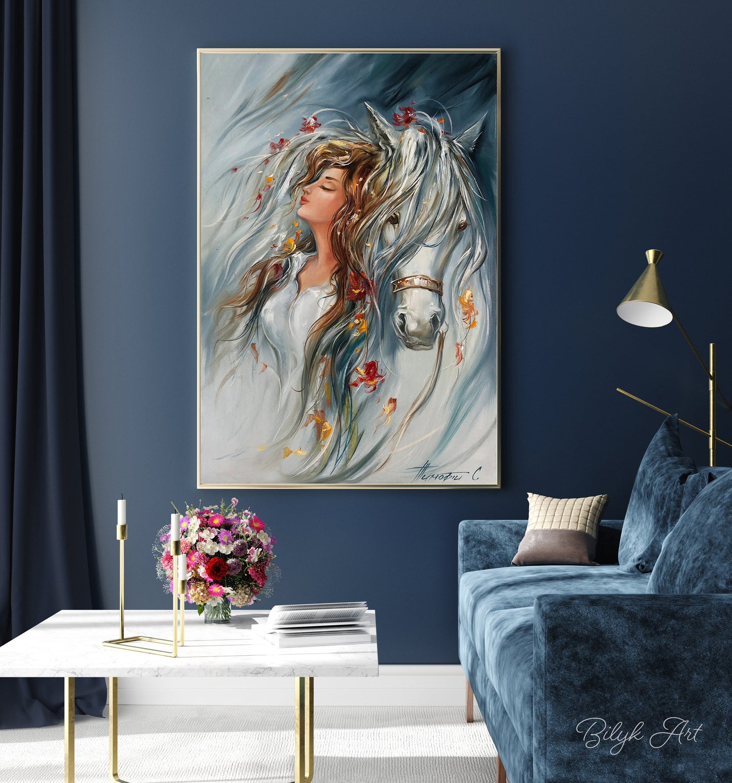 Girl and Horse Painting, Wild Horse Wall Art, Animal Painting on Canvas, White Horse Art, Women Gift, Original Woman with Horse Oil Painting