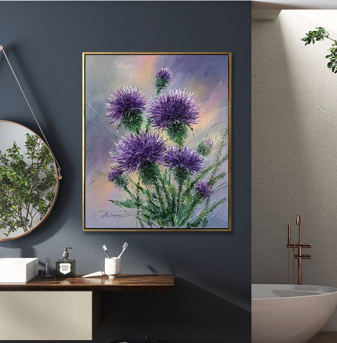 Thistle oil painting Original floral art Botanical painting Wildflower art Plant artwork Thistle wall art Purple flowers painting on canvas