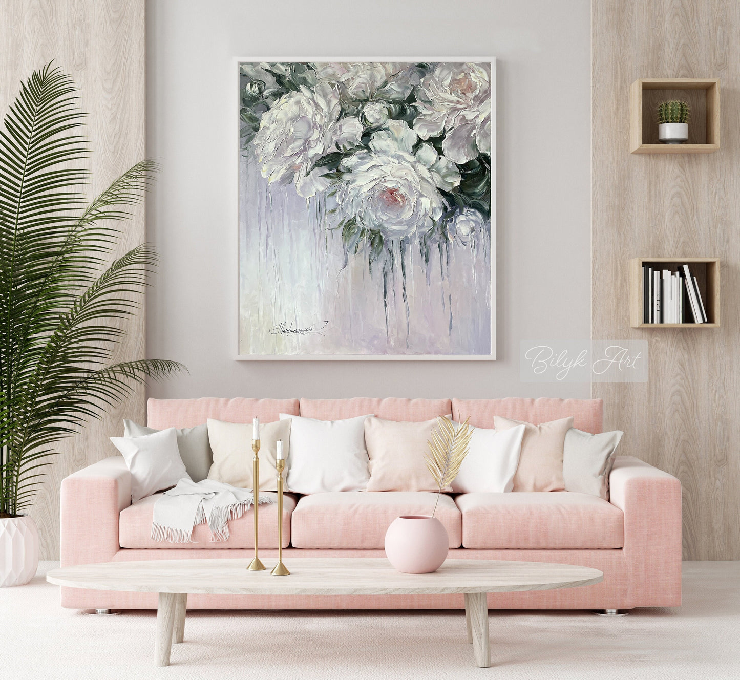 Abstract Flower Oil Painting, Large Floral Wall Art, Living Room Beige Flowers Home Decor, Big White Roses Painting on Canvas, Wild Rose Art