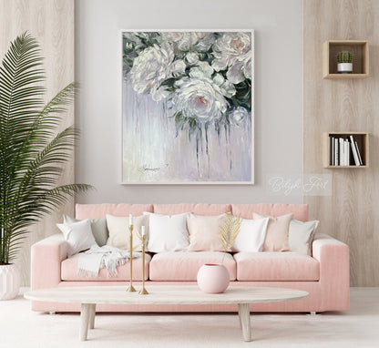 Abstract Flower Oil Painting, Large Floral Wall Art, Living Room Beige Flowers Home Decor, Big White Roses Painting on Canvas, Wild Rose Art