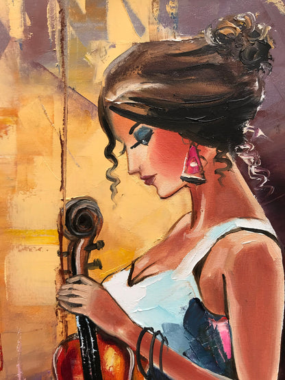 Large Girl with Violin Oil Painting On Canvas Abstract Girl Canvas Wall Art Extra Large Musician Abstract Painting Modern Violin Painting