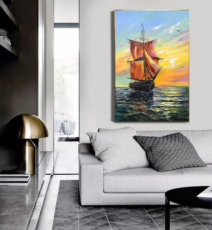 Tall Ship Painting, Original Signed Art, Ocean Sunset Painting, Sailing Decor, Mid-century Wall Art, Gift for Him, Seascape Oil Painting