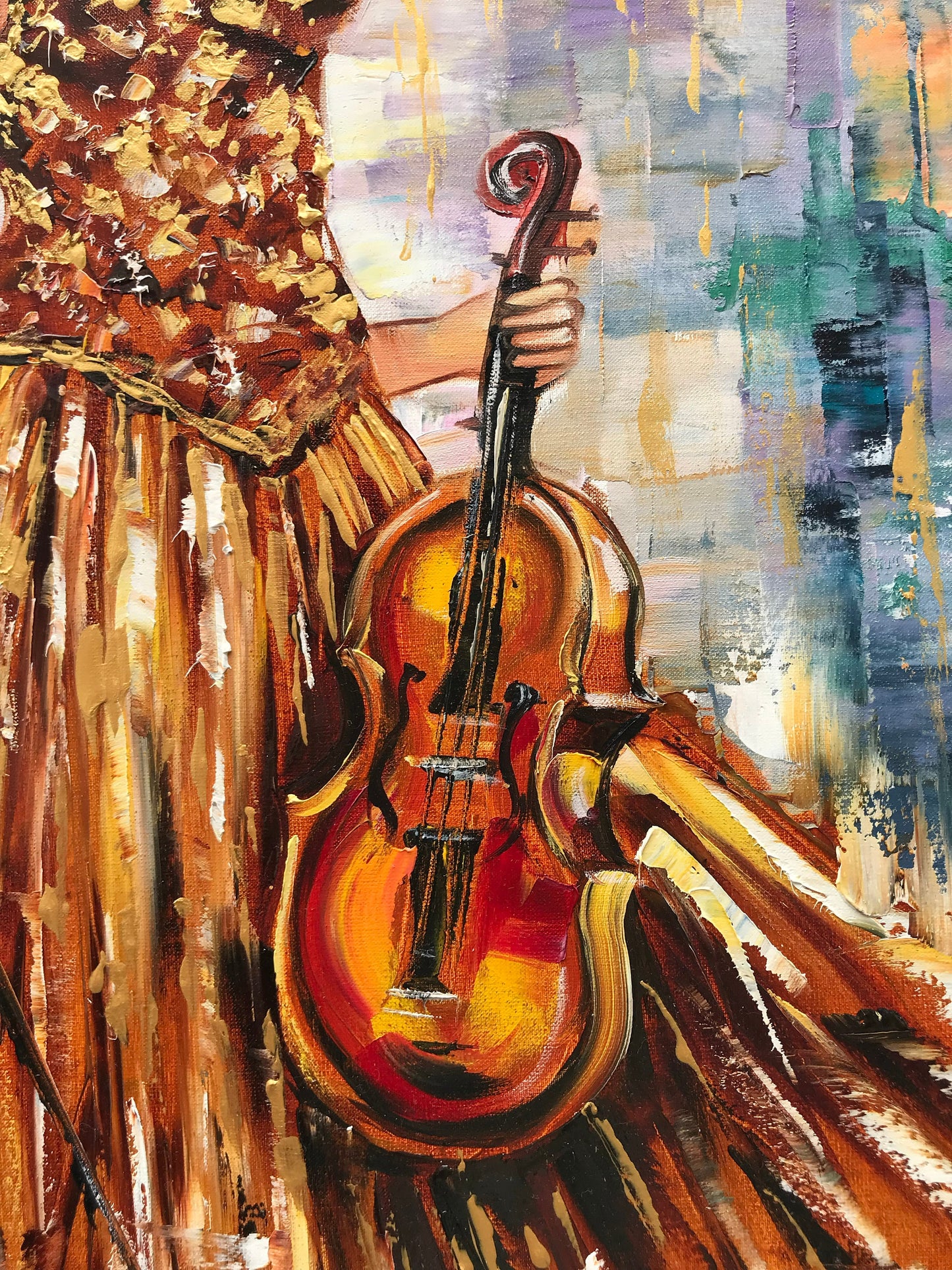 Lady Painting on Canvas Girl with Violin Art Woman in Gold Dress Painting Violin Home Decor abstract Woman Oil Painting Original Female Art