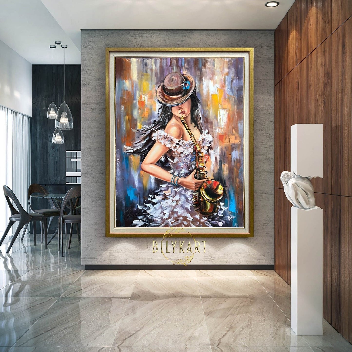 Saxophone Painting Jazz Music Art Original Female Oil Painting Woman in Hat Painting Music Player Gift Saxophonist Abstract Gold Painting