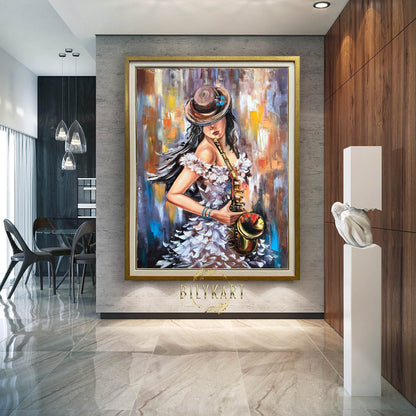 Saxophone Painting Jazz Music Art Original Female Oil Painting Woman in Hat Painting Music Player Gift Saxophonist Abstract Gold Painting