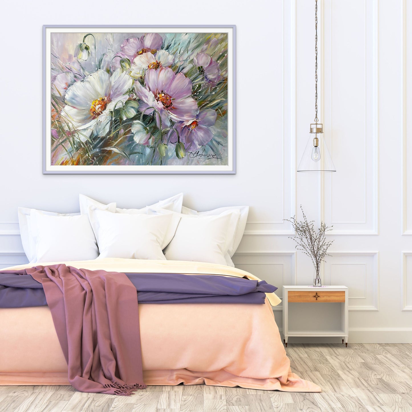 Large Flowers Oil Painting Original Daisy Wall Art Saga Green Purple Dining Room Decor Above Bed Art 40x30 Realistic Flower Daisy Painting