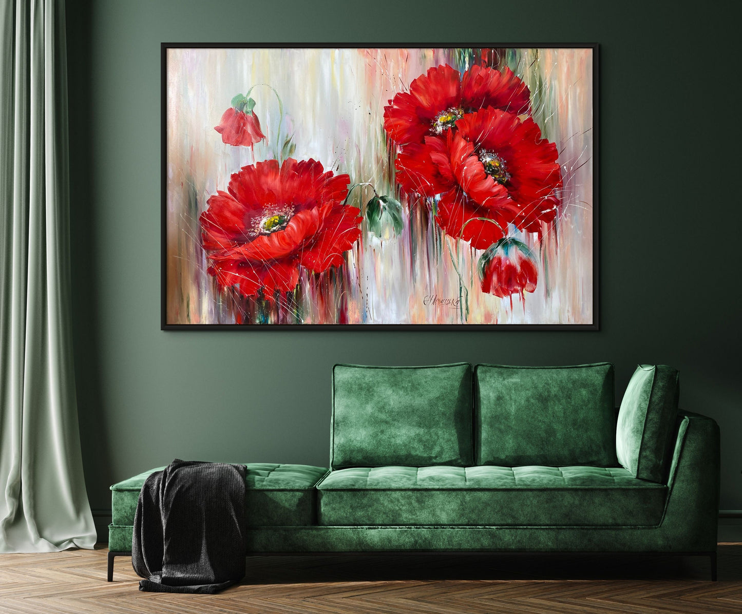 Red Poppies Painting, Handpainted Flowers Wall Art Decor 32x24, Red Flower Painting on Canvas, Large Poppy Painting, Original Floral Oil Art