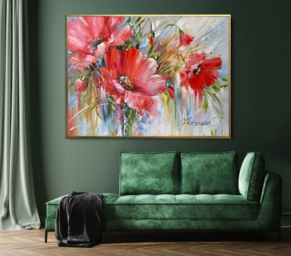 Red Poppies Original Painting, Large Blooming Flowers Wall Art, Poppy Painting Art on Canvas, Red Floral Decor with Frame, Poppies Wall Art