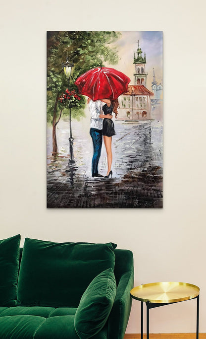 Couple Under Red Umbrella Painting on Canvas Kissing Couple Artwork Romantic Paintings for Bedroom