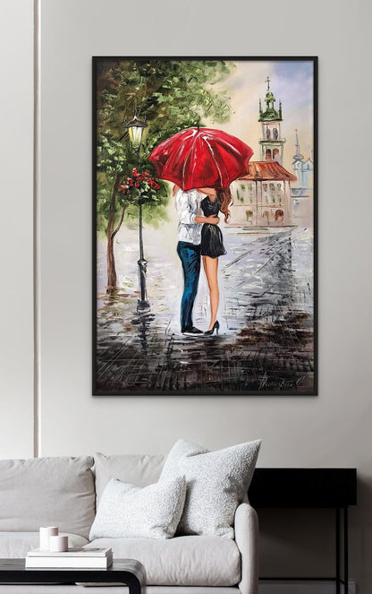 Couple Under Red Umbrella Painting on Canvas Kissing Couple Artwork Romantic Paintings for Bedroom