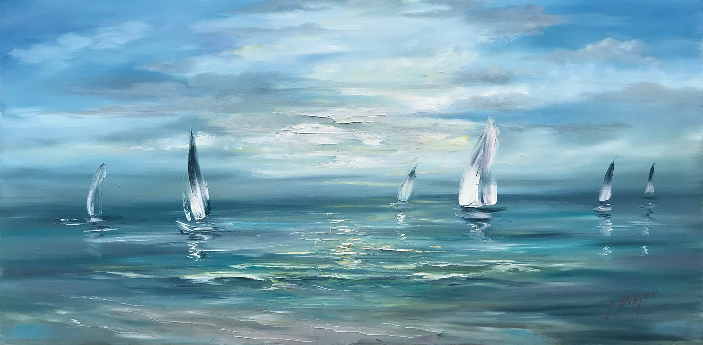 Large Seascape Canvas Paintings Sailing Boat Handmade Oil Painting Sea View Paintings Sailboats Ocean Wall Art Peaceful Water Scene Painting