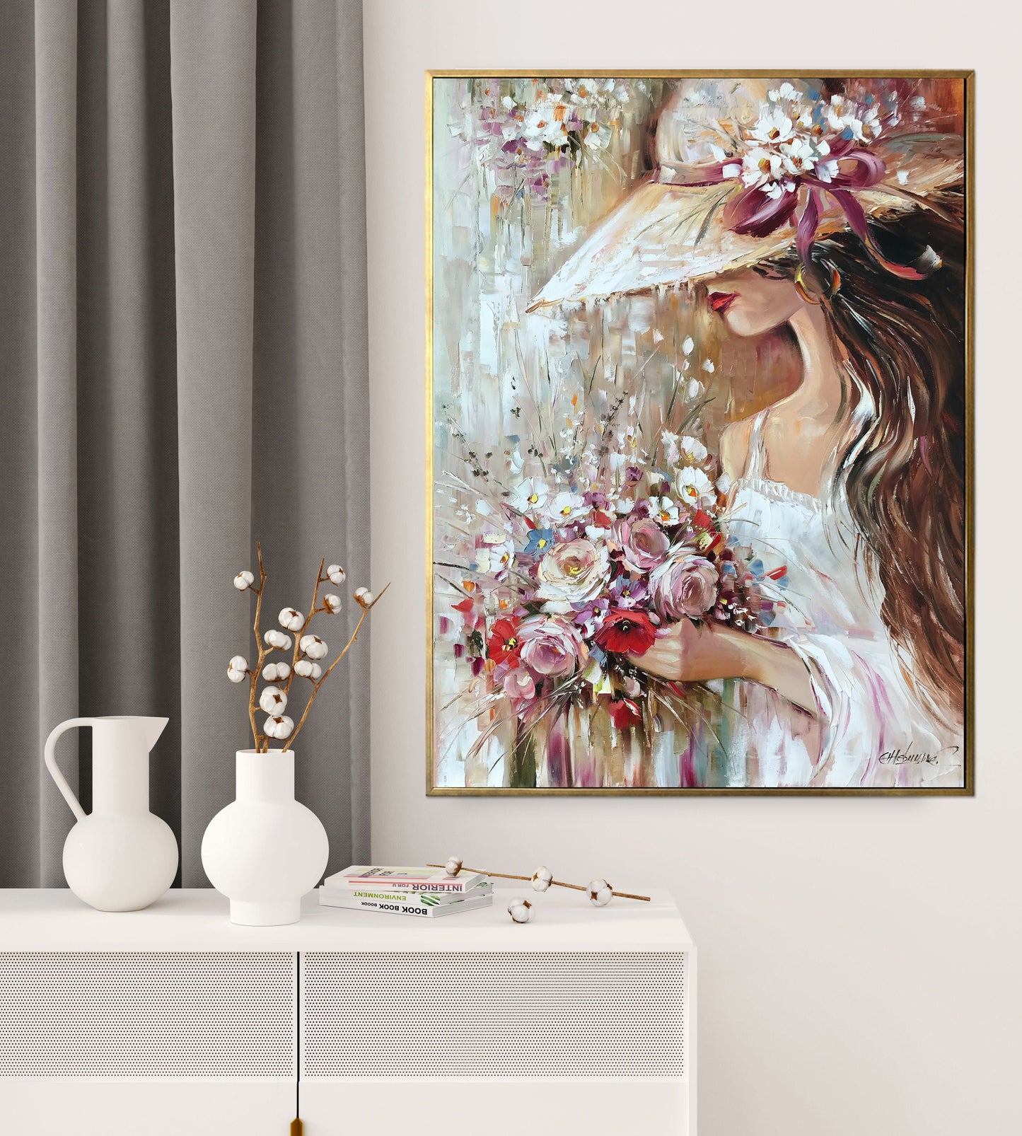 Pretty Woman With Flowers Painting Flower Girl Paintings of Elegant Lady in Hat Wedding Art Gift Bouquet Painting Original Female Face Art