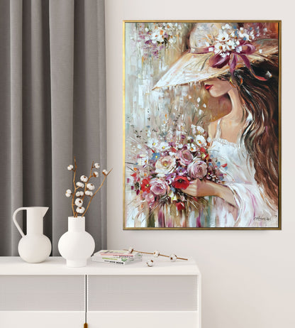 Pretty Woman With Flowers Painting Flower Girl Paintings of Elegant Lady in Hat Wedding Art Gift Bouquet Painting Original Female Face Art