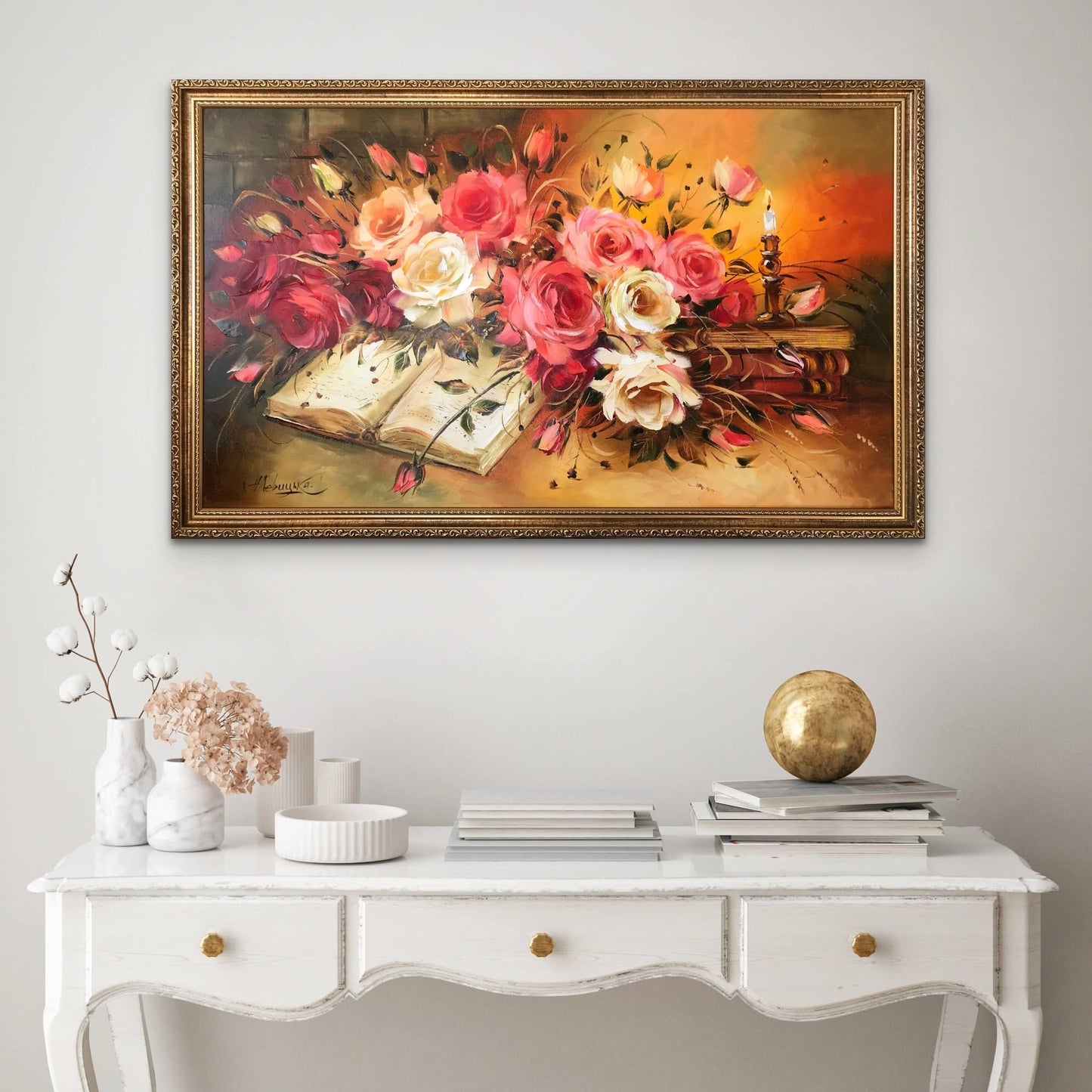 Vintage Roses Oil Painting Original Hand-painted Floral Art Classical Roses Painting Canvas Vintage Flowers Paintings Rose Flowers Wall Art