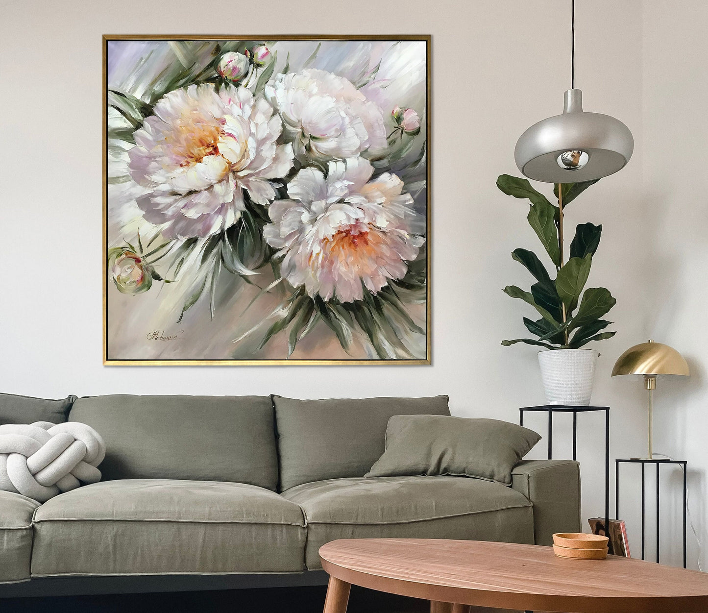 Abstract Peonies Painting Original Peony Wall Art Big Flower Painting Pastel Color Artwork White Peony Oil Painting 36x36 Large Floral Art