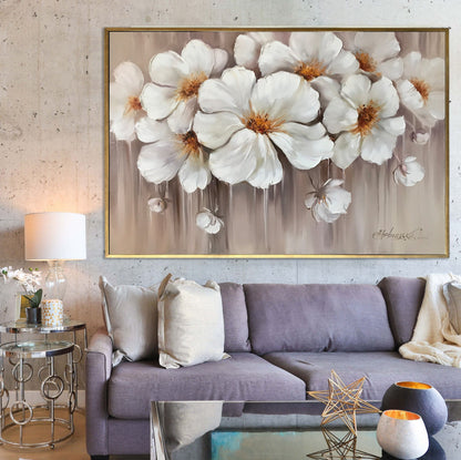 Abstract Flower Oil Painting Large White Flowers Wall Art Modern Floral Oil Artwork Over Bed Art Luxury Flower Painting Above Couch Wall Art