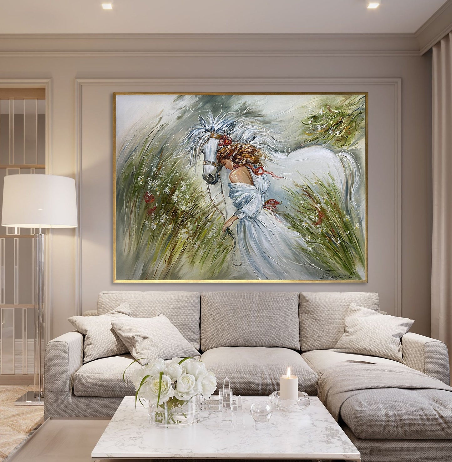 Horse And Girl Painting Original Art Work Woman With White Horse Art Green White Painting Equestrian Painting on Canvas Horse Owner Gift