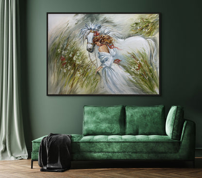 Horse And Girl Painting Original Art Work Woman With White Horse Art Green White Painting Equestrian Painting on Canvas Horse Owner Gift