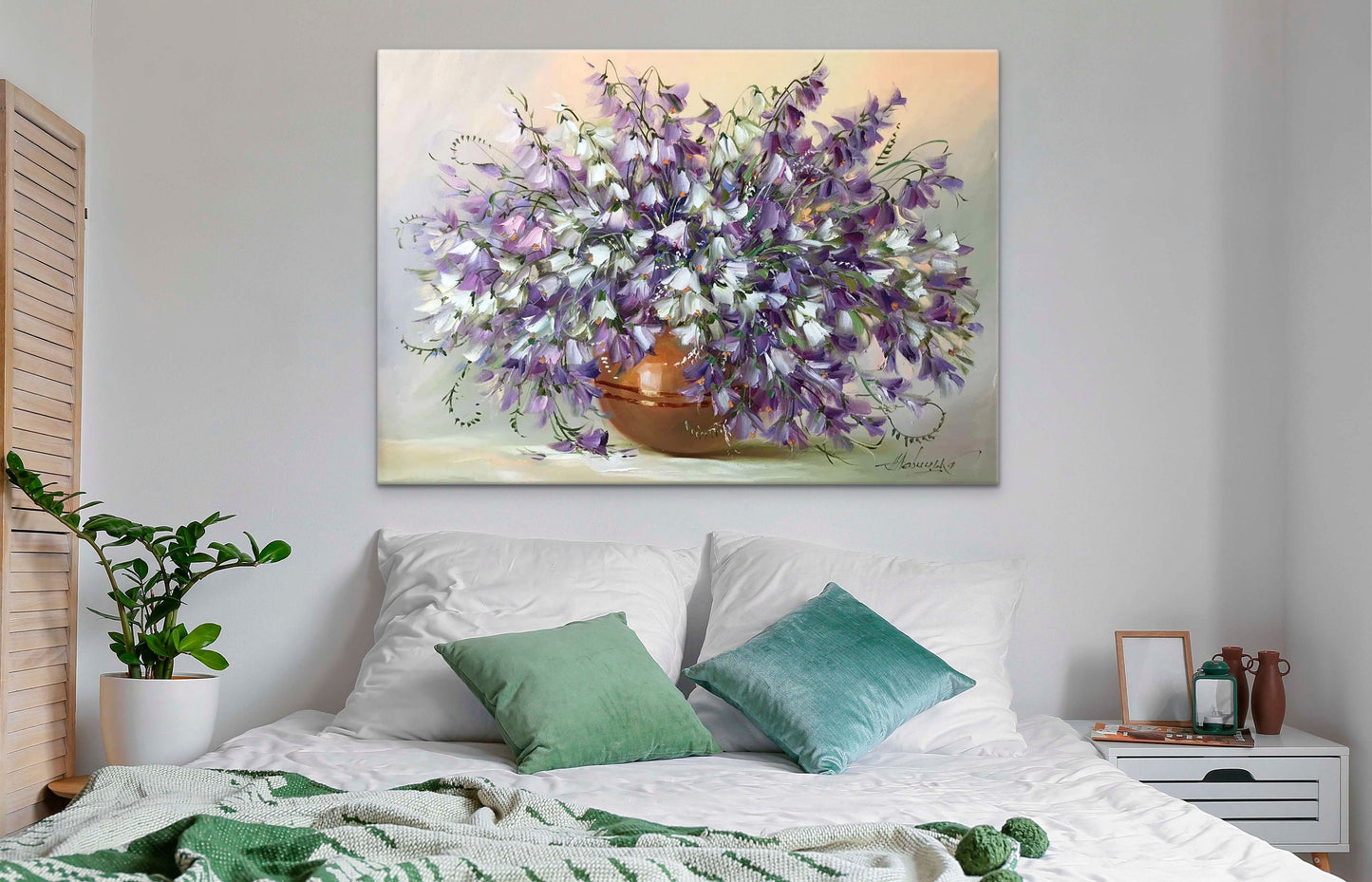 Bluebell Painting on Canvas Bell Flower Art Bluebell Oil Paintings Flowers in Vase Artwork Purple Flower Painting Bouquet of Flowers Art