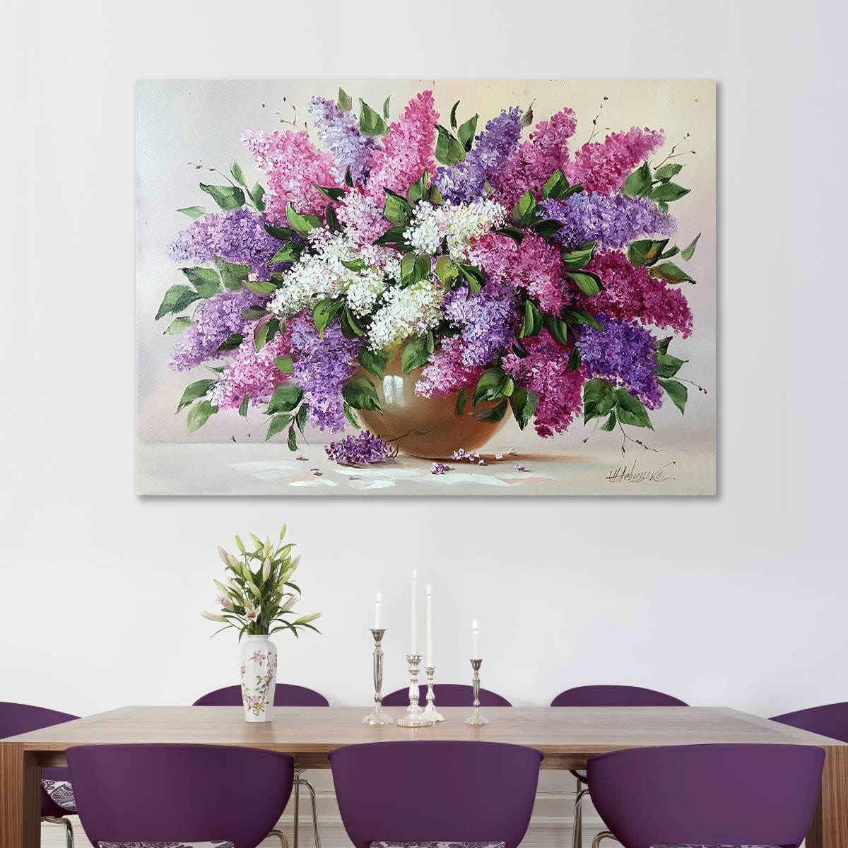 Purple Lilac Original Painting, Large Blooming Flowers Wall Art, Lilacs Painting Oil on Canvas, Purple Floral Decor Framed, Lilac Wall Art