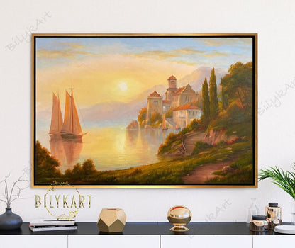 Lake Como Oil Painting Original Sunset Over Lake Wall Art Italy Landscape Oil Painting on Canvas Sunset Artwork Italy Coast Painting