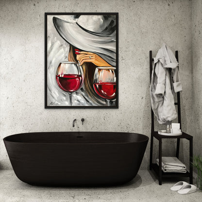 Wine Glasses Painting Original Mystery Girl Painting Red Lips Art Alcohol Painting Modern Room Decor Black Red Wall Art Wine Bar Art Decor