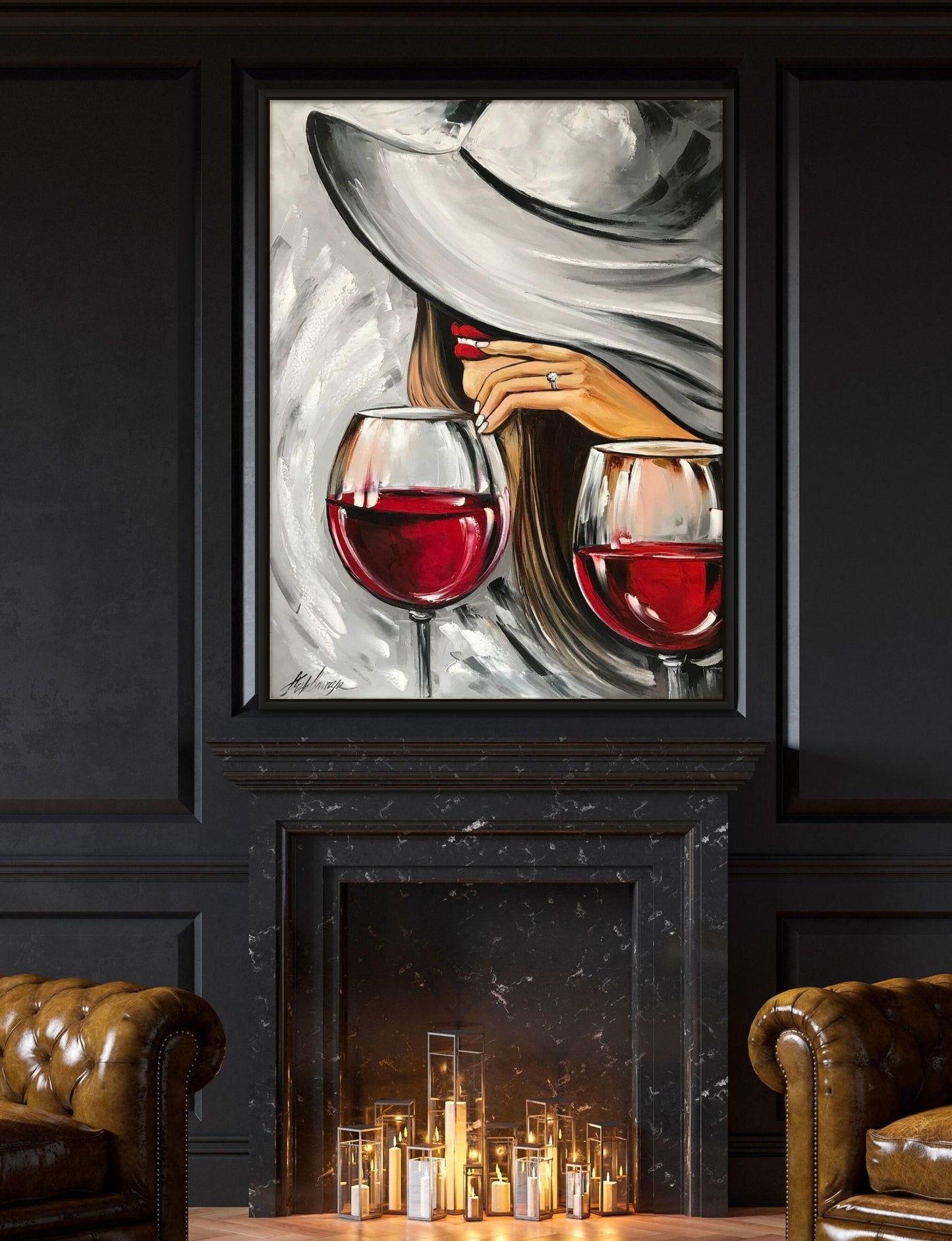 Wine Glasses Painting Original Mystery Girl Painting Red Lips Art Alcohol Painting Modern Room Decor Black Red Wall Art Wine Bar Art Decor