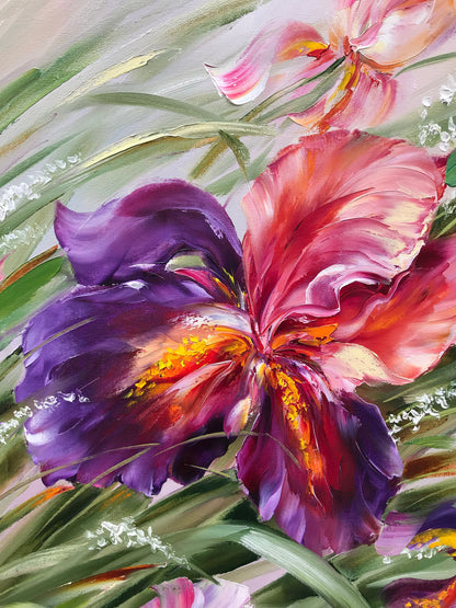 Purple Irises Original Painting, Iris Flower Wall Art, Green Botanical Painting Oil on Canvas, Purple Abstract Floral Art, Irises Wall Art