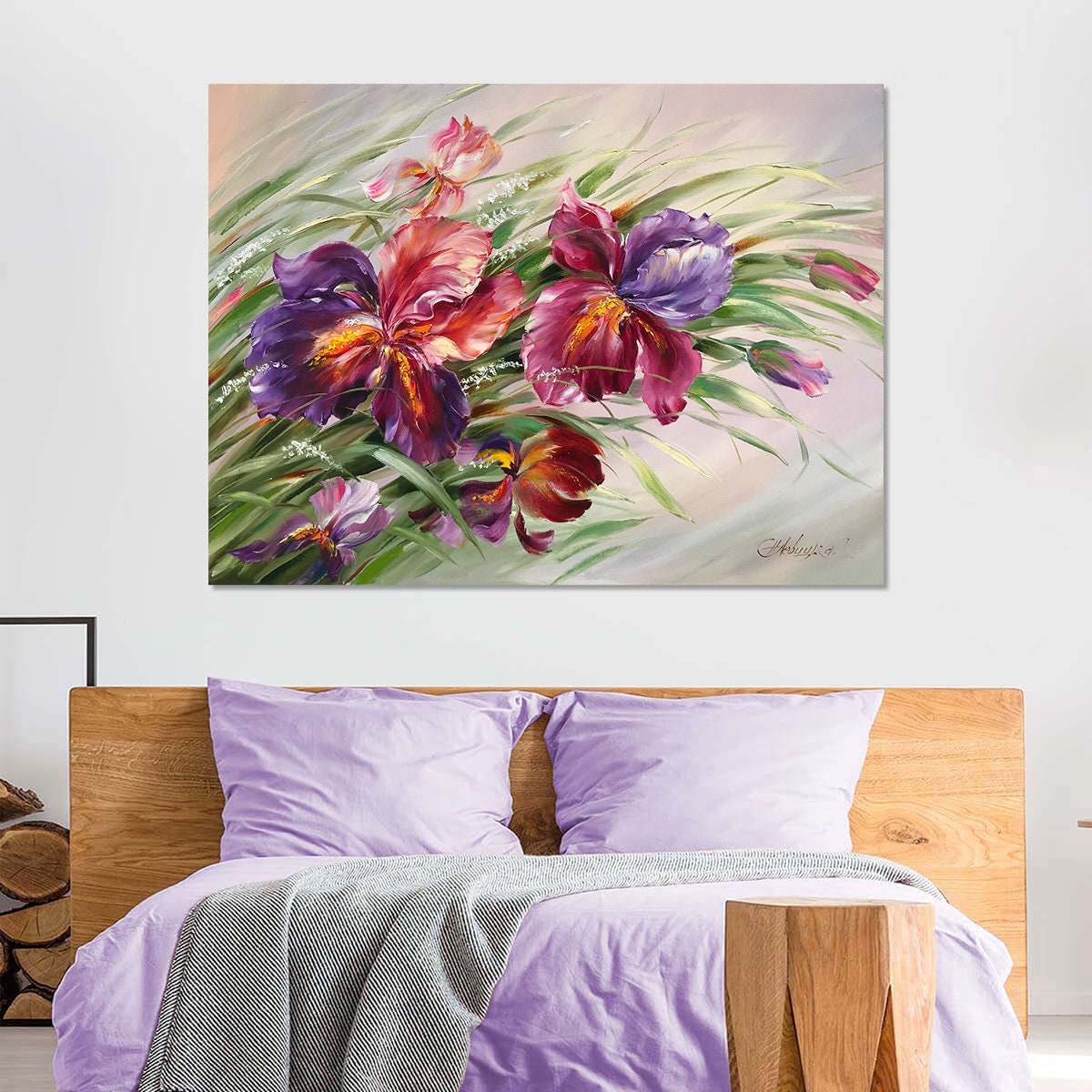 Purple Irises Original Painting, Iris Flower Wall Art, Green Botanical Painting Oil on Canvas, Purple Abstract Floral Art, Irises Wall Art