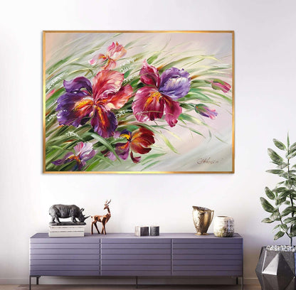 Purple Irises Original Painting, Iris Flower Wall Art, Green Botanical Painting Oil on Canvas, Purple Abstract Floral Art, Irises Wall Art