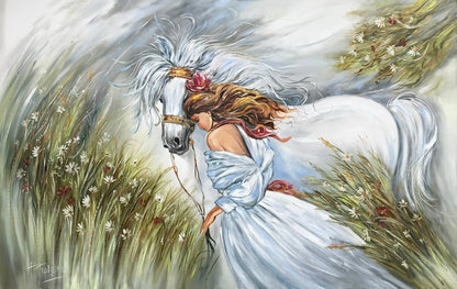 Woman with Horse Painting on Canvas Horse Girl Art Beautiful Woman Artwork White Horse Oil Painting Original Woman in White Dress Painting