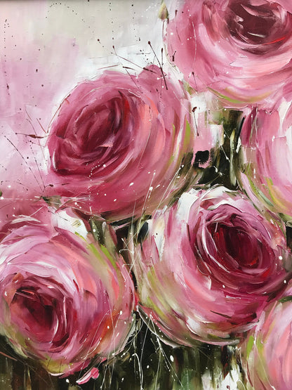 Large Pink Roses Oil Painting Original Hand Painted Rose Flower Canvas Wall Art | Oversized Abstract Romantic Rose Painting 64x48
