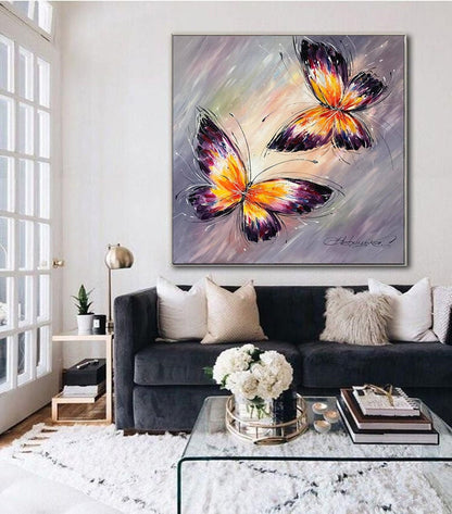 Abstract Butterfly Painting on Canvas Original Butterfly Wall Art Purple Butterfly Art Large Artwork Framed Butterfly Oil Painting