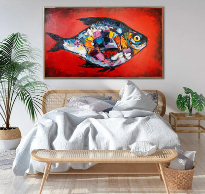 Large Abstract Fish Oil Painting Original Red Fish Wall Art Work Abstract Tropical Fish Wall Decor Fisherman Gift Extra Large Fish Painting