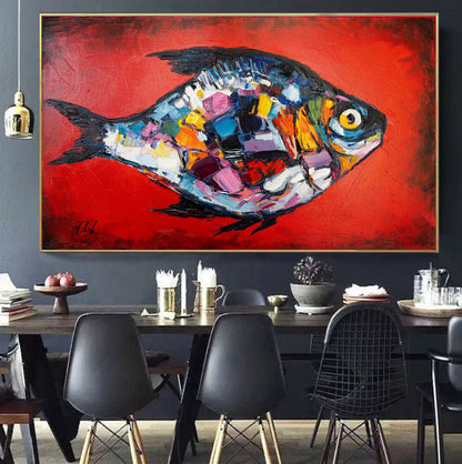 Large Abstract Fish Oil Painting Original Red Fish Wall Art Work Abstract Tropical Fish Wall Decor Fisherman Gift Extra Large Fish Painting