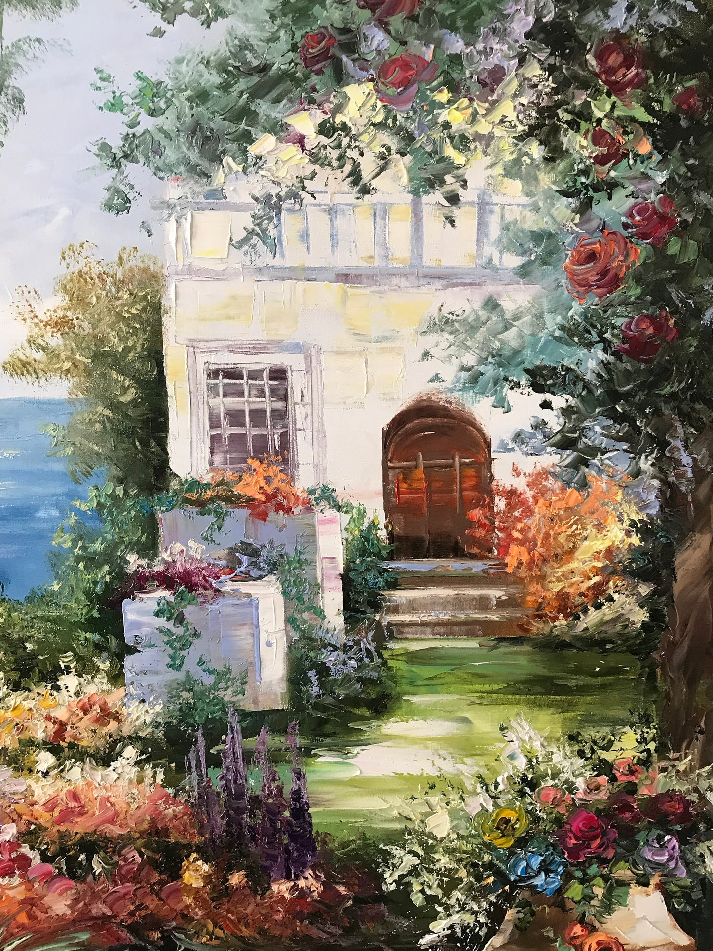 Romantic Garden Oil Painting Original Hand-Painted Artwork of Tuscany Mediterranean Garden Wall Art, Italian Villa Painting